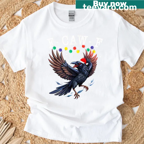 Funny crow in Santa hat with Christmas lights design T-shirt