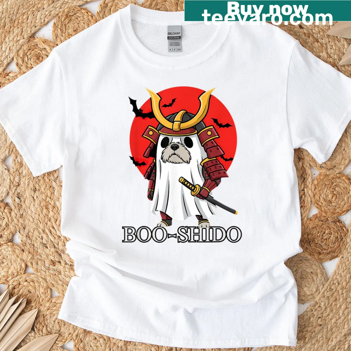 Cartoon Shih Tzu samurai design on a Halloween t-shirt — on a men's t-shirt