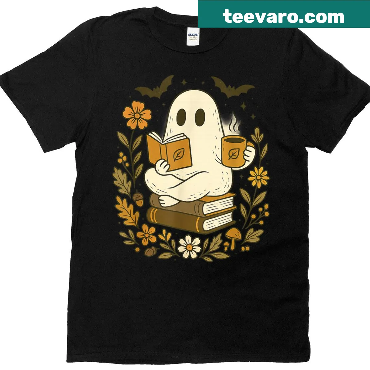 Cute Halloween shirt featuring a ghost reading with a coffee cup — on a men's t-shirt
