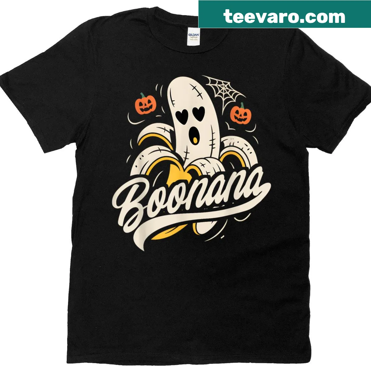 Cute Halloween T-shirt featuring a banana ghost character — on a men's t-shirt