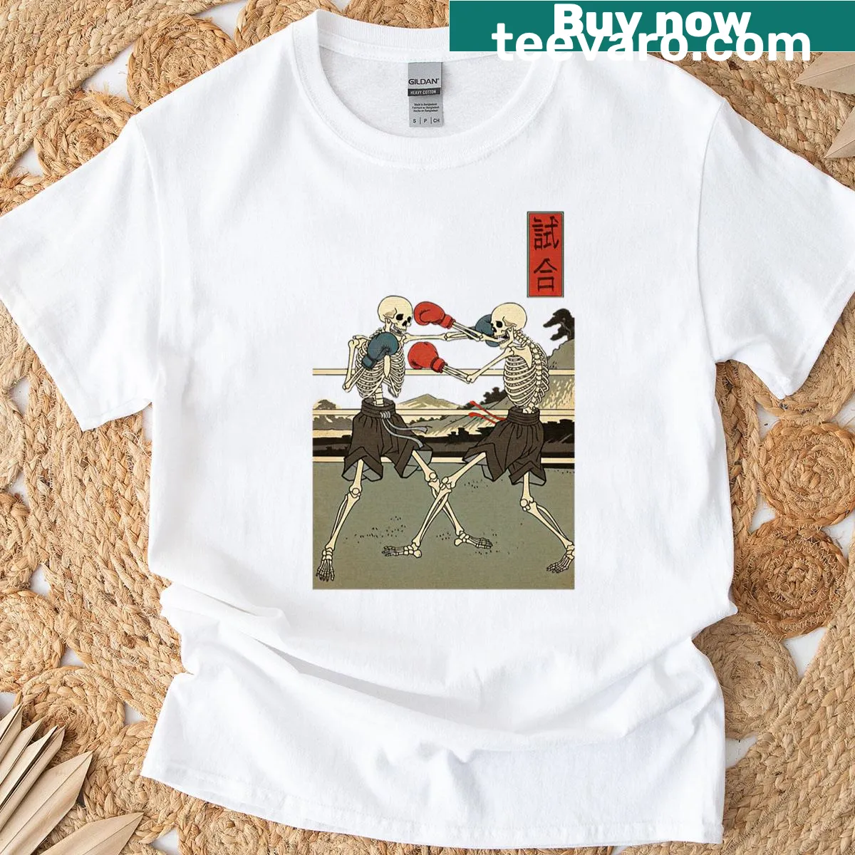 Retro boxing match graphic t-shirt in Japanese style — on a men's t-shirt