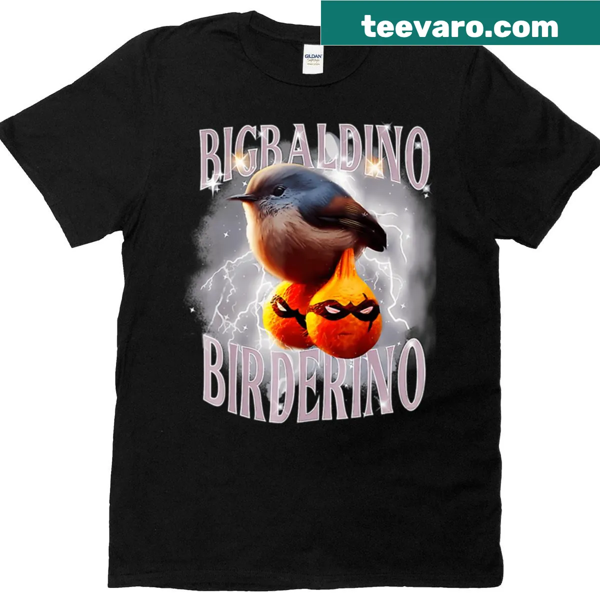 Illustration of a bird and lightning bolt in a funny meme mashup — on a men's t-shirt