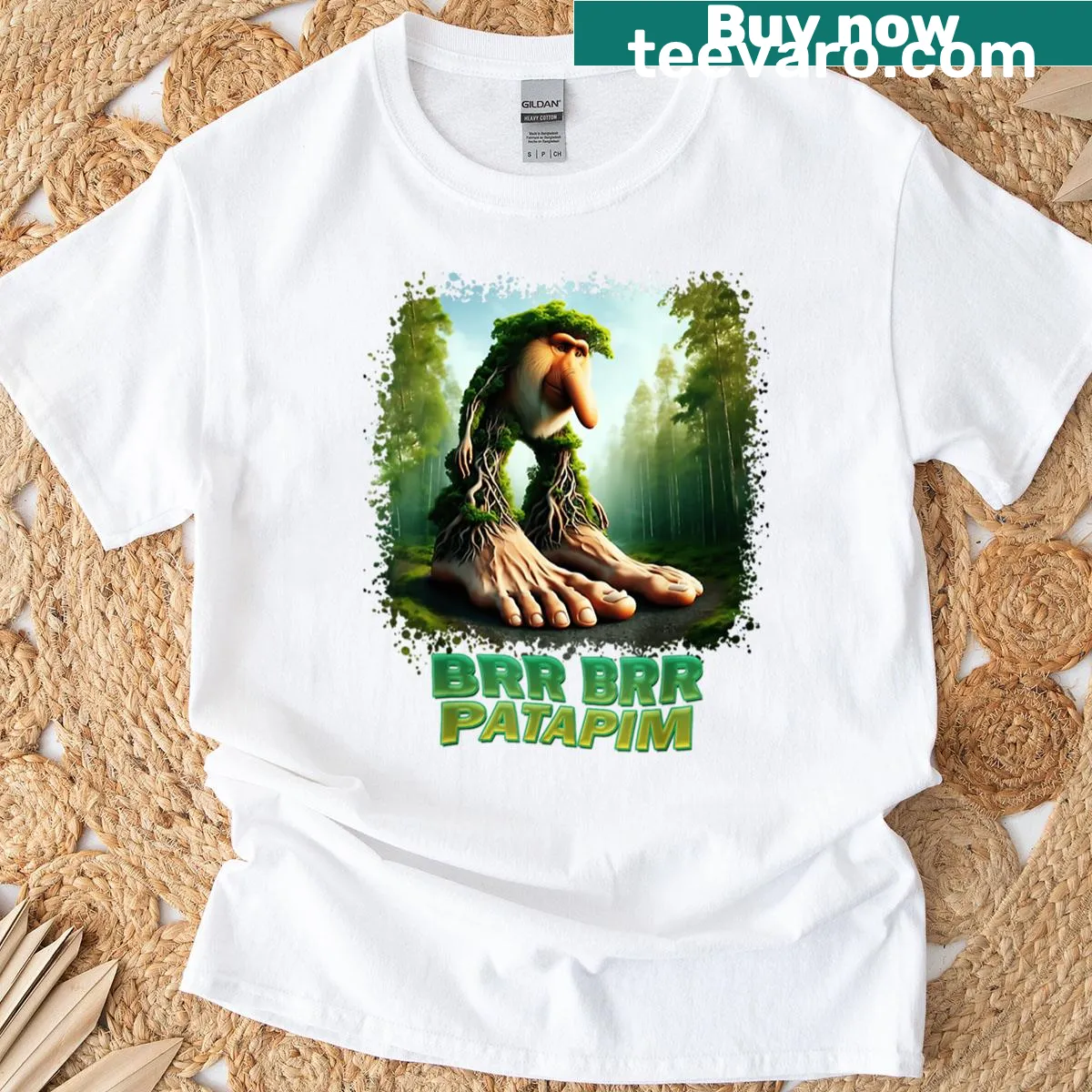 Cartoon forest goblin meme t-shirt with the phrase: Brainrot Brr Brr — on a men's t-shirt