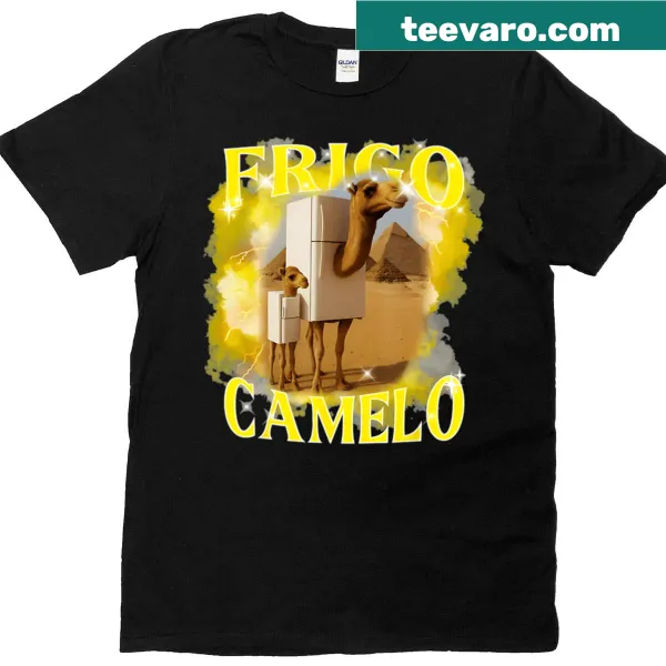 Surreal graphic T-shirt with a camel and refrigerator in a desert scene