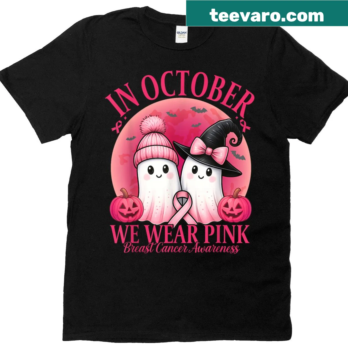 Breast Cancer Awareness Halloween T-shirt with pink typography — on a men's t-shirt