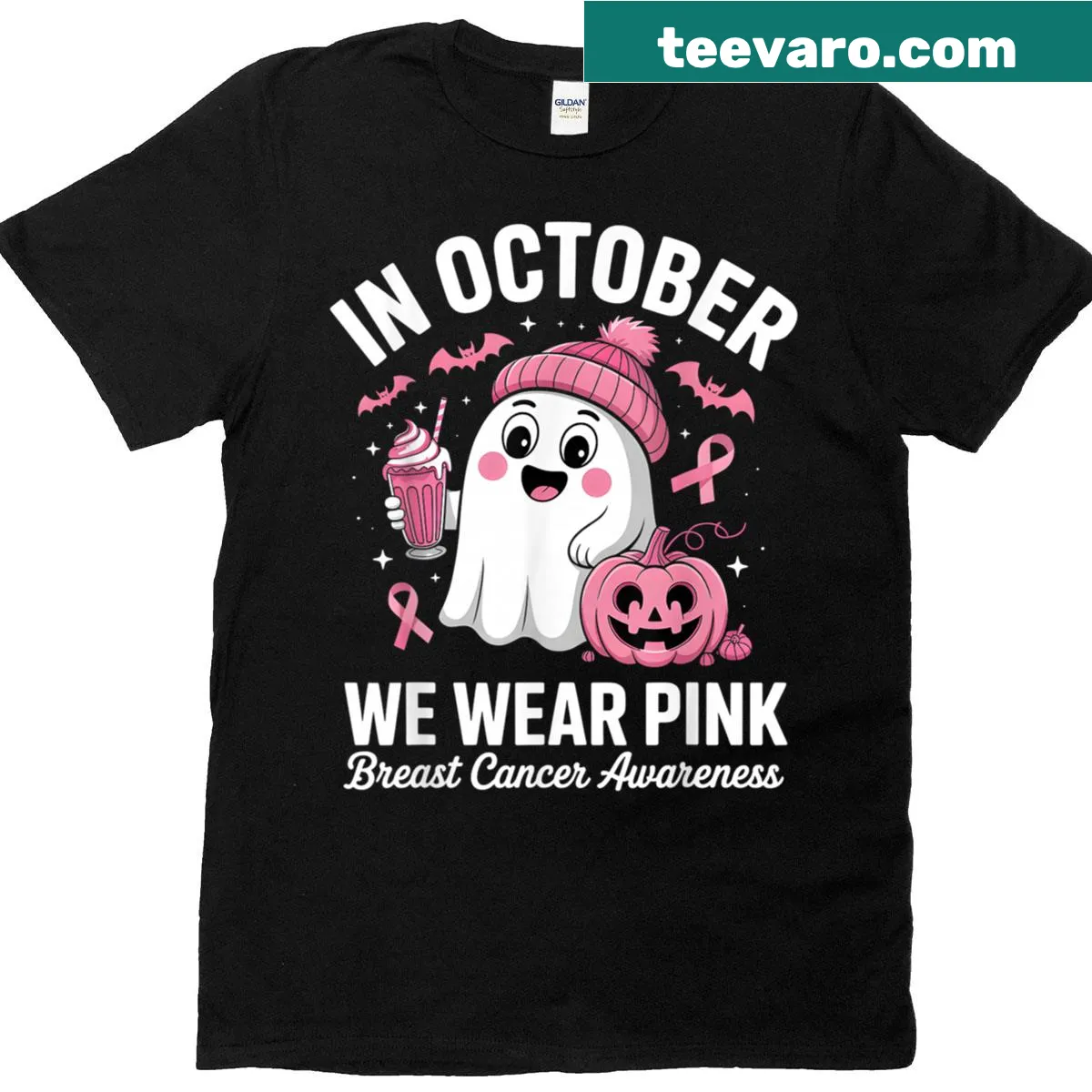 Awareness Halloween t-shirt with a ghost and pink theme — on a men's t-shirt