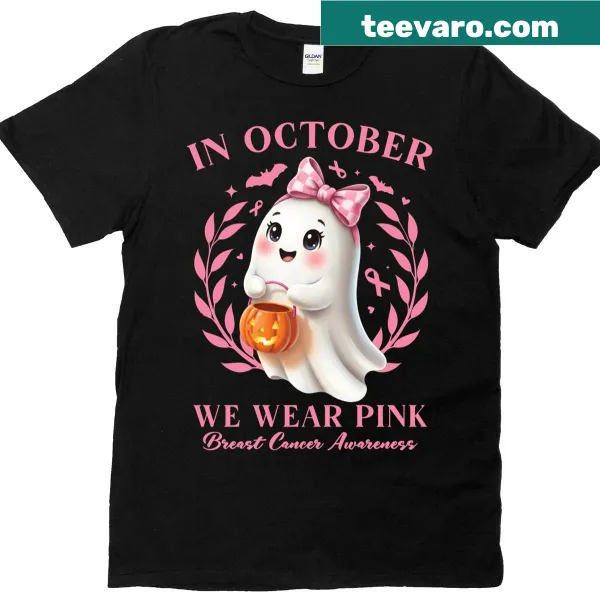 Halloween t-shirt with a pink ghost for breast cancer awareness