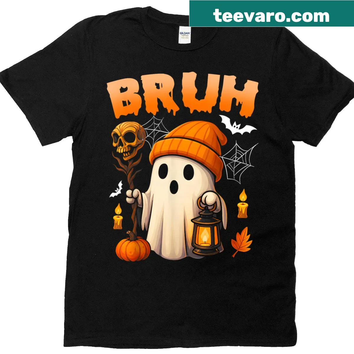 Cute ghost graphic saying 'Bruh' for Halloween kids t-shirt — on a men's t-shirt