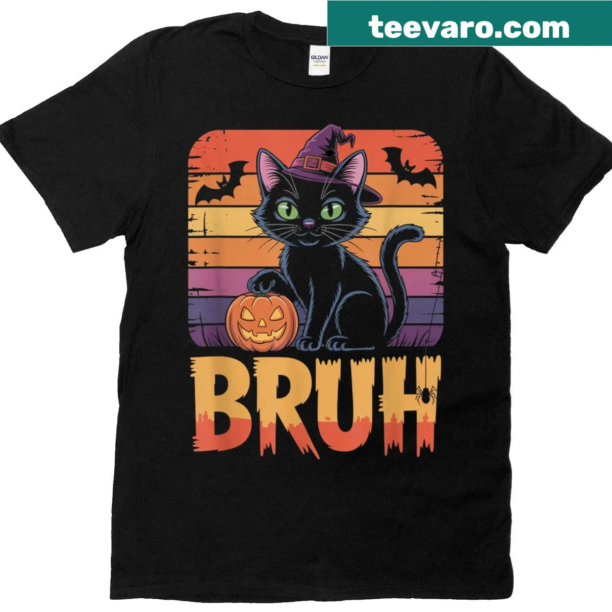 Cartoon witch cat with pumpkin and funny meme text — on a men's t-shirt