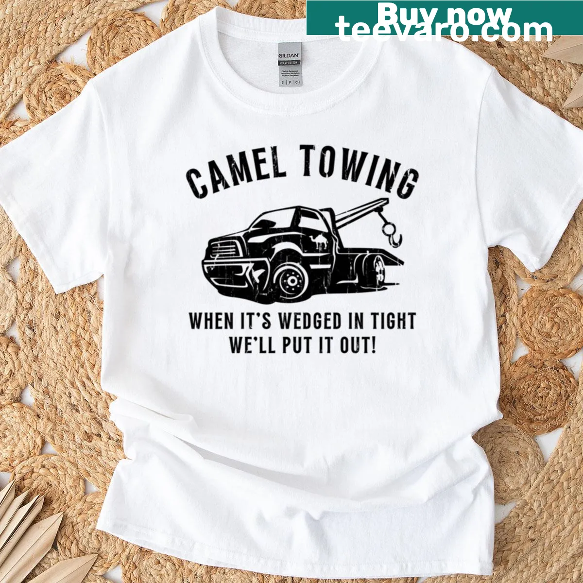 Cartoon camel towing a car on a T-shirt — on a men's t-shirt