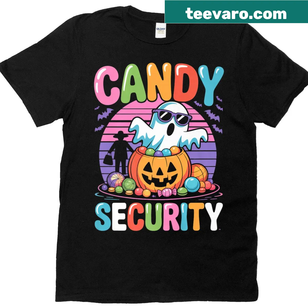 Halloween t-shirt featuring a ghost guarding candy and pumpkins — on a men's t-shirt