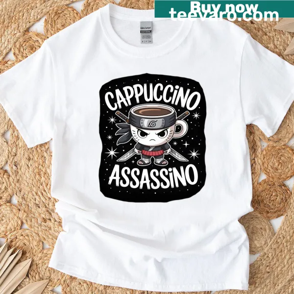 Humorous cappuccino assassin illustration on a T-shirt