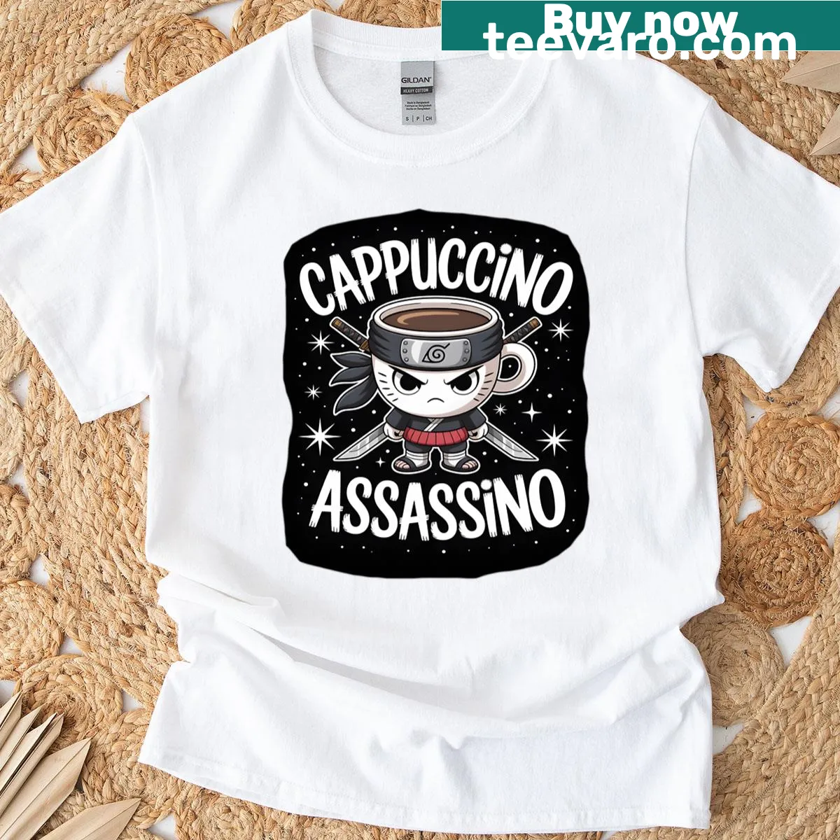 Humorous cappuccino assassin illustration on a T-shirt — on a men's t-shirt