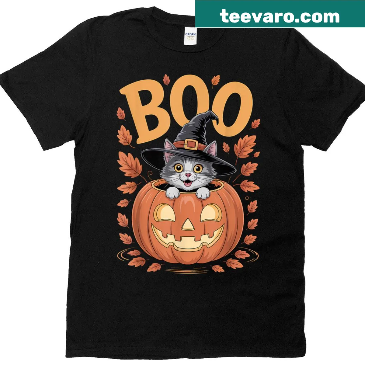 Cat in costume sitting on a pumpkin for Halloween t-shirt — on a men's t-shirt