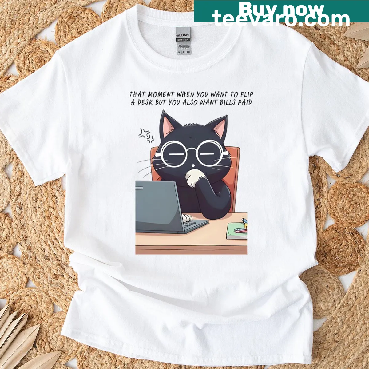 Cartoon of a chill cat pretending to be laid-back — on a men's t-shirt