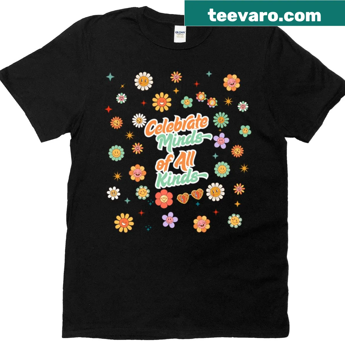 Positive floral design T-shirt with smiley faces promoting diversity — on a men's t-shirt