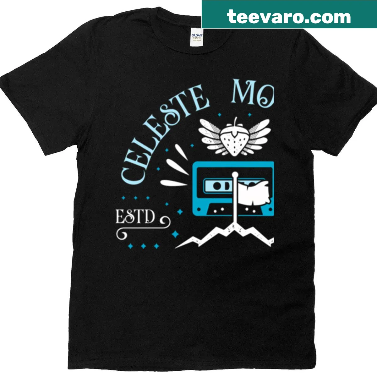 Celeste Mountain Hiking Club T-shirt with mountain illustration — on a men's t-shirt