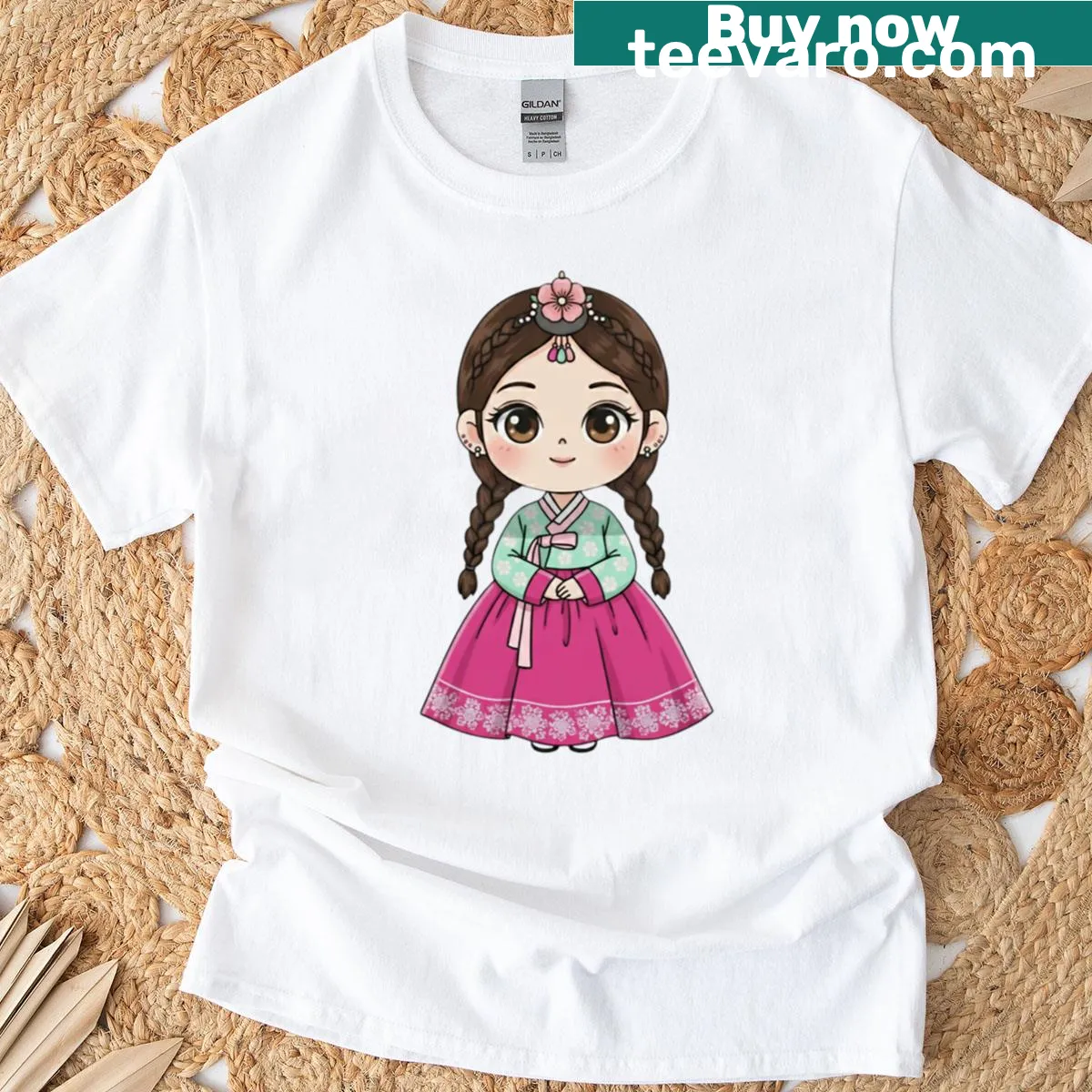 Chibi character in Hanbok illustration T-shirt — on a men's t-shirt