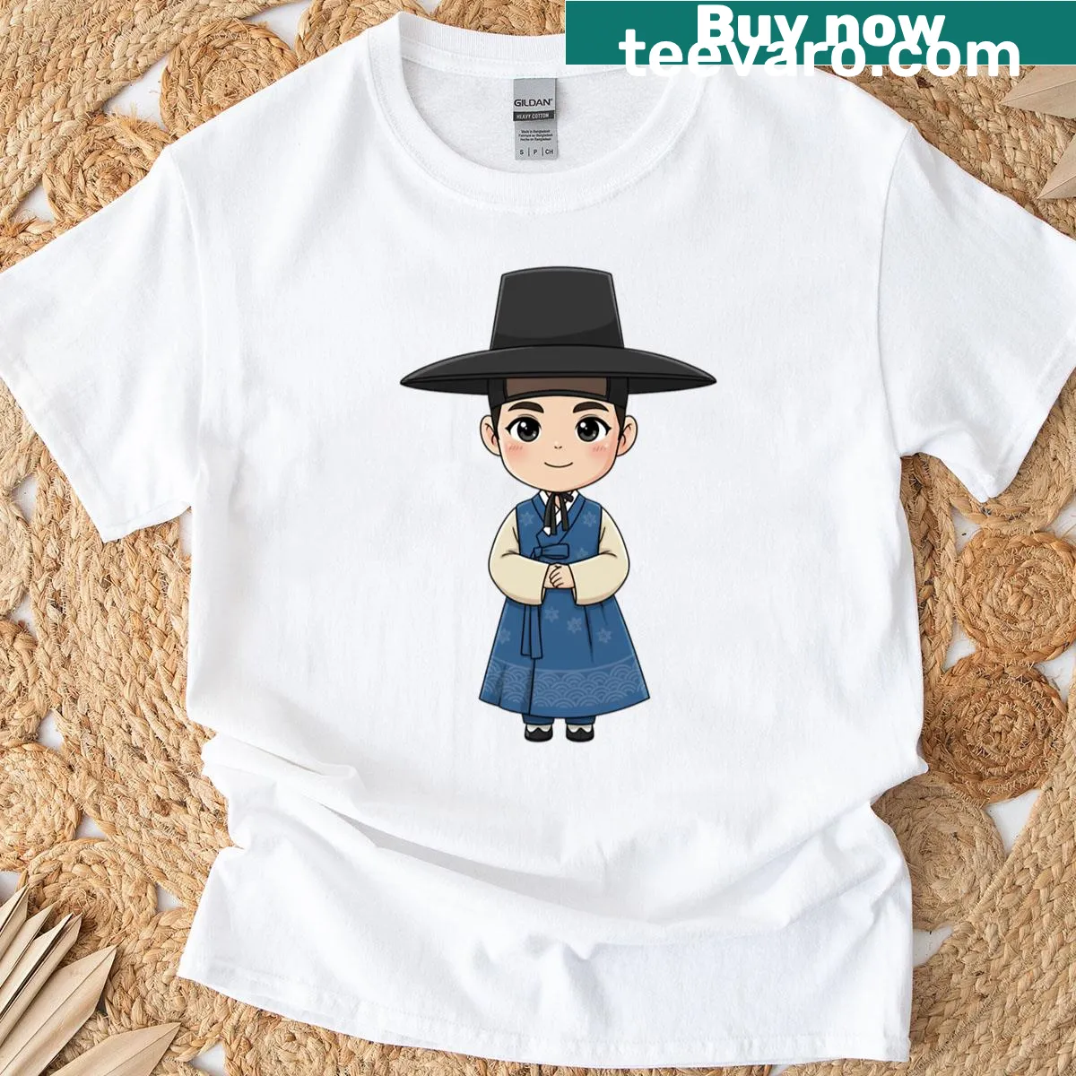 Cute chibi scholar in a hanbok illustrated on a t-shirt — on a men's t-shirt