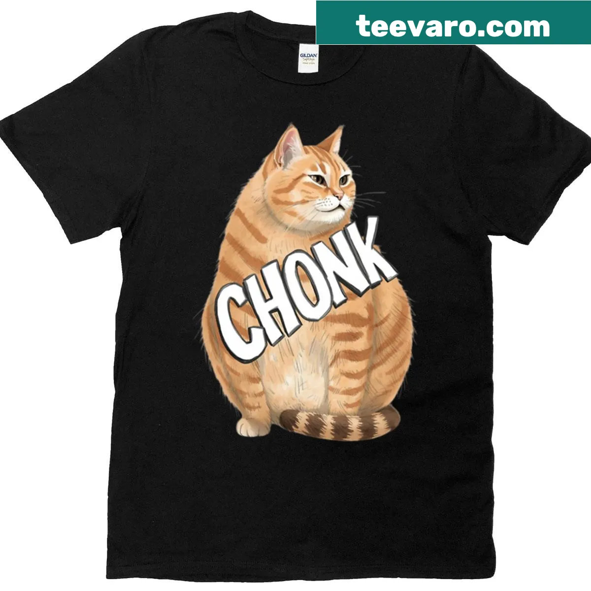 T-shirt featuring an orange kitten with 'Chonk' text on its belly — on a men's t-shirt