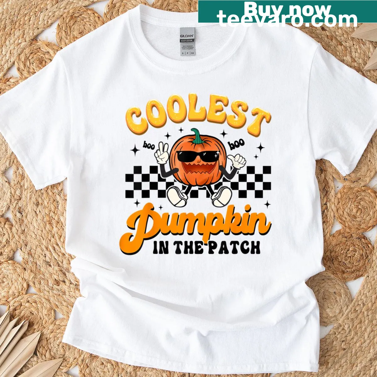 Playful cartoon pumpkin graphic T-shirt for Halloween — on a men's t-shirt