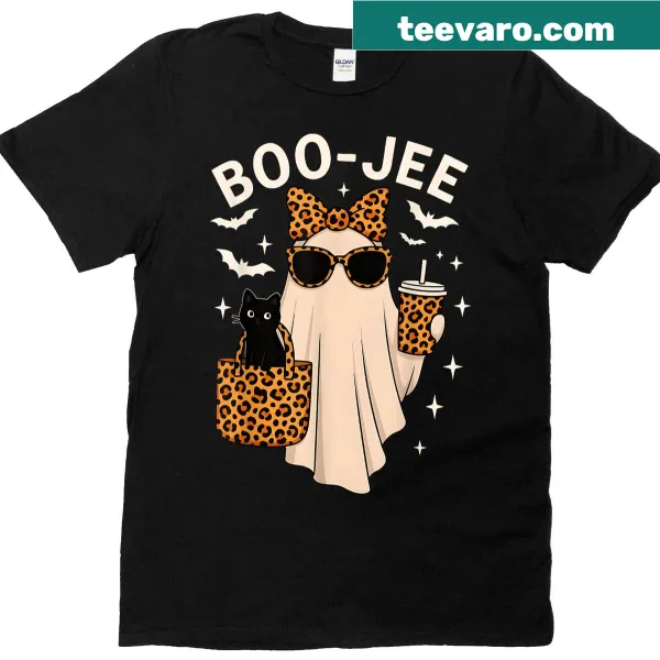 Cute t-shirt featuring a leopard ghost with a coffee cup design.