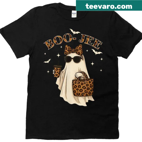 Whimsical coquette leopard ghost design on Halloween T-shirt