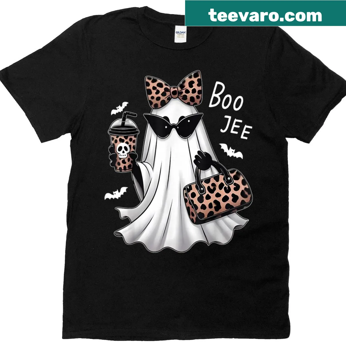 Stylish ghost in leopard print design with coffee on T-shirt — on a men's t-shirt