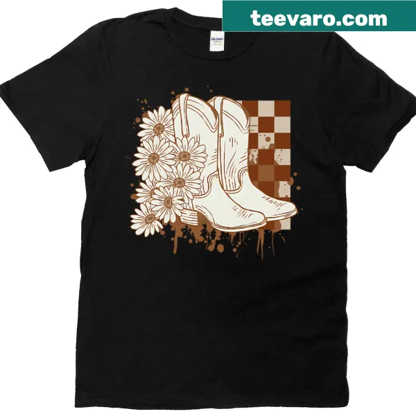 Graphic of cowboy boots and daisies on a T-shirt
