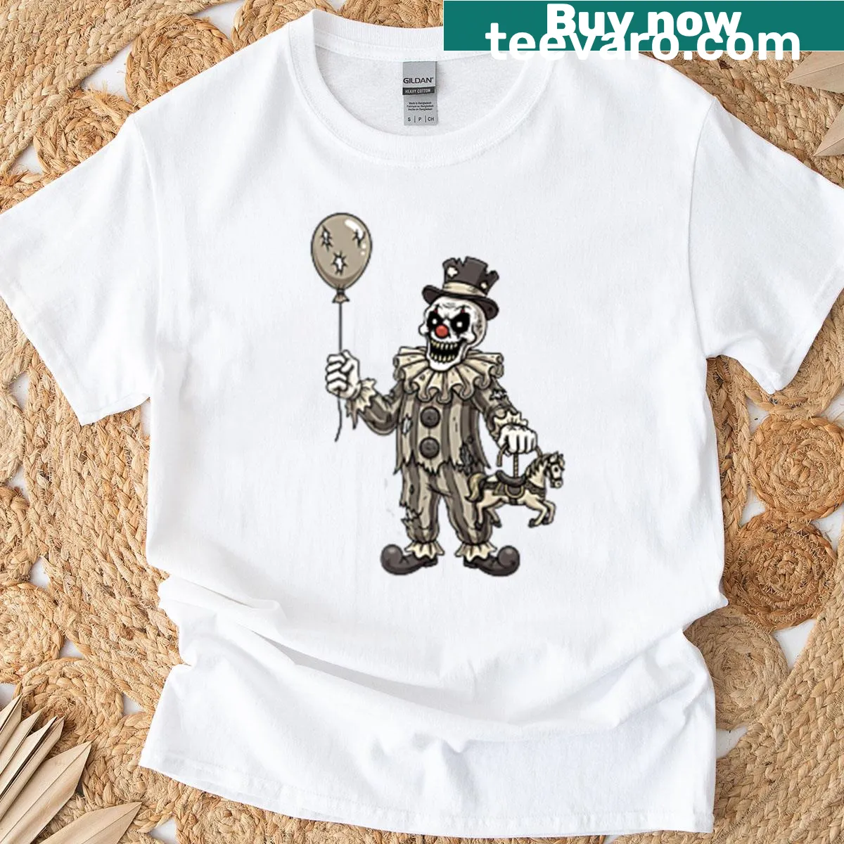 Vintage horror T-shirt with a creepy evil clown design. — on a men's t-shirt