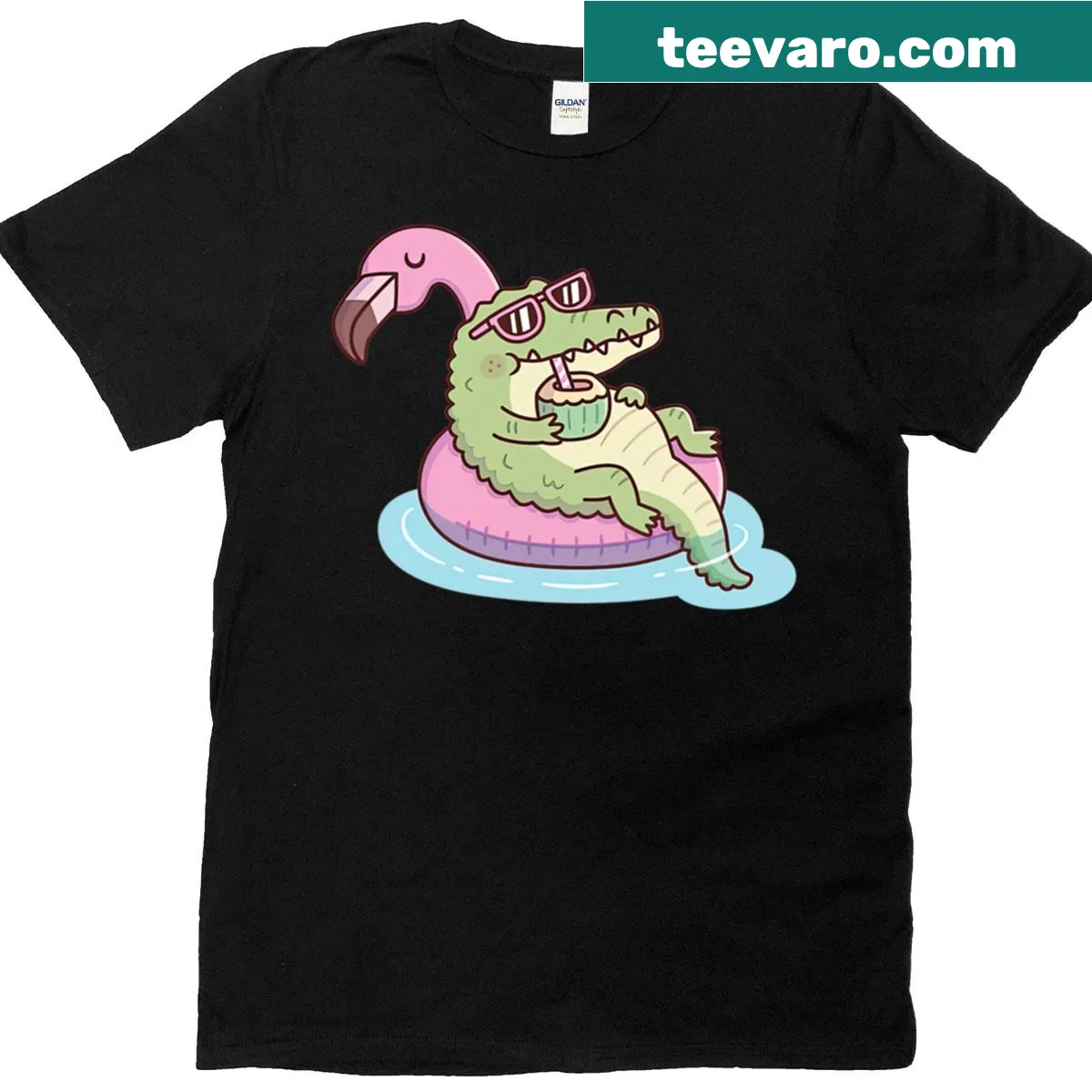 Crocodile on a flamingo pool float t-shirt design — on a men's t-shirt