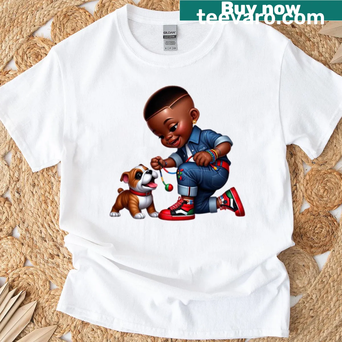 Illustration of a cute Black boy and dog in colorful sneakers — on a men's t-shirt