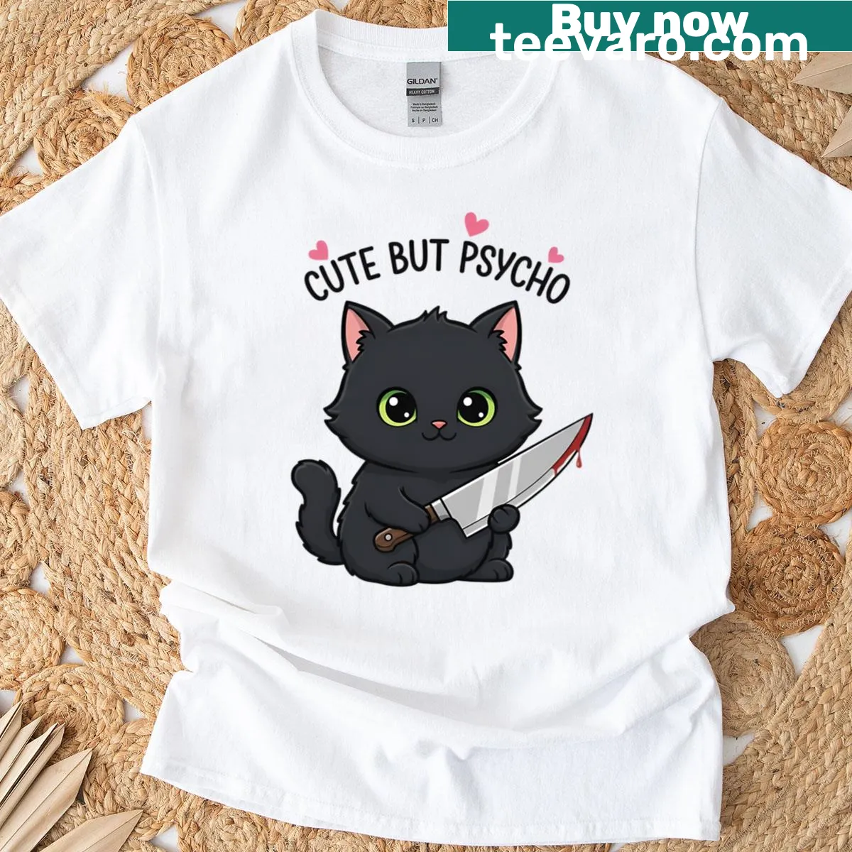 Oversized T-shirt with a cute but psycho black cat design — on a men's t-shirt