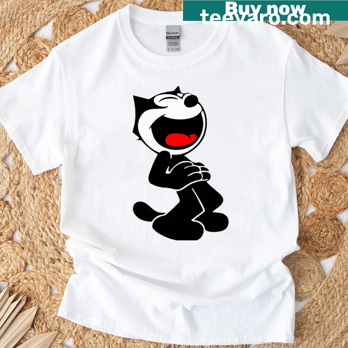 Vintage cartoon cat graphic t-shirt with a retro funny theme — on a men's t-shirt