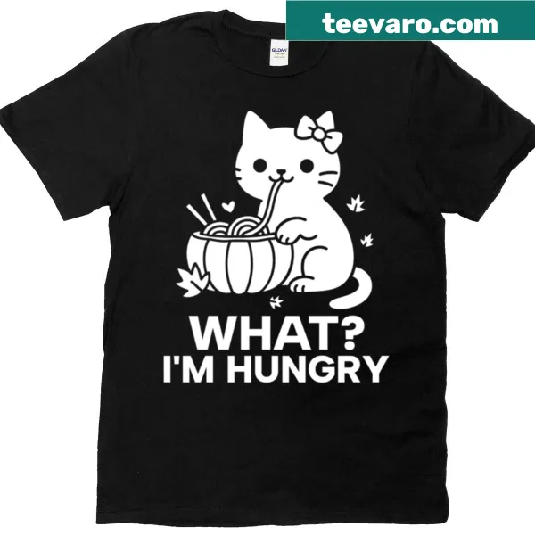 Illustrated cute cat with ramen and pumpkins on a T-shirt.