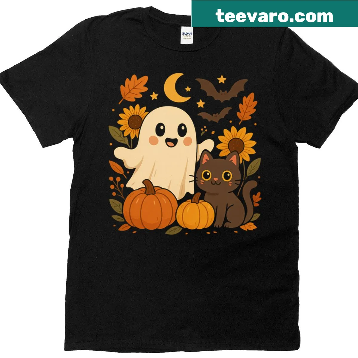 Cute Halloween design featuring a ghost and a cat. — on a men's t-shirt