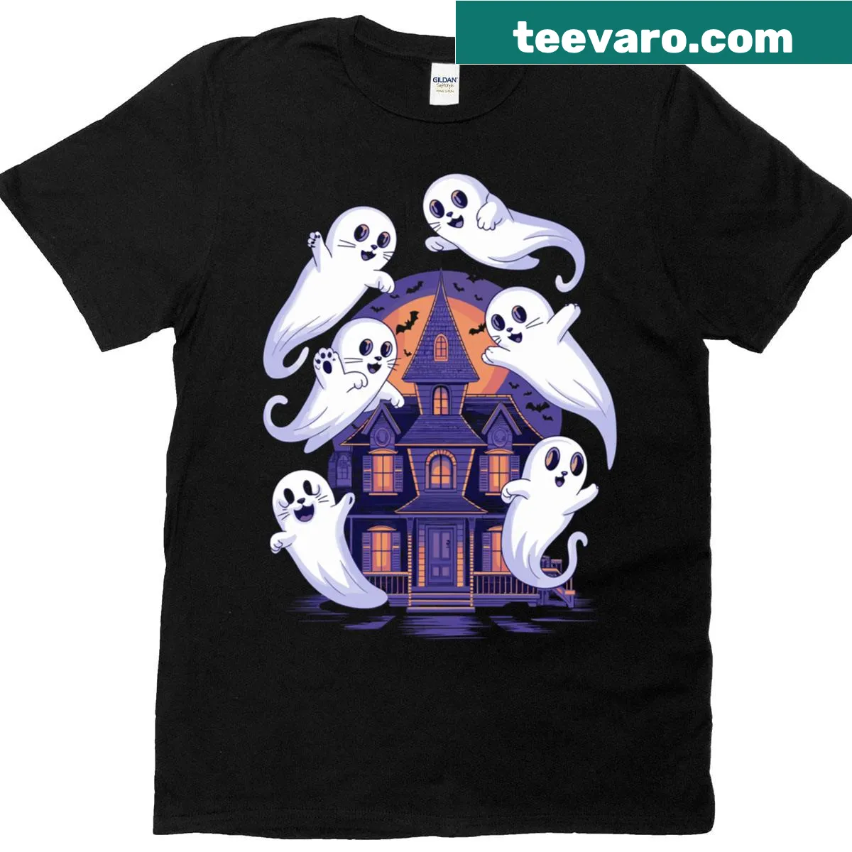 Three cute ghost cats graphic for Halloween — on a men's t-shirt