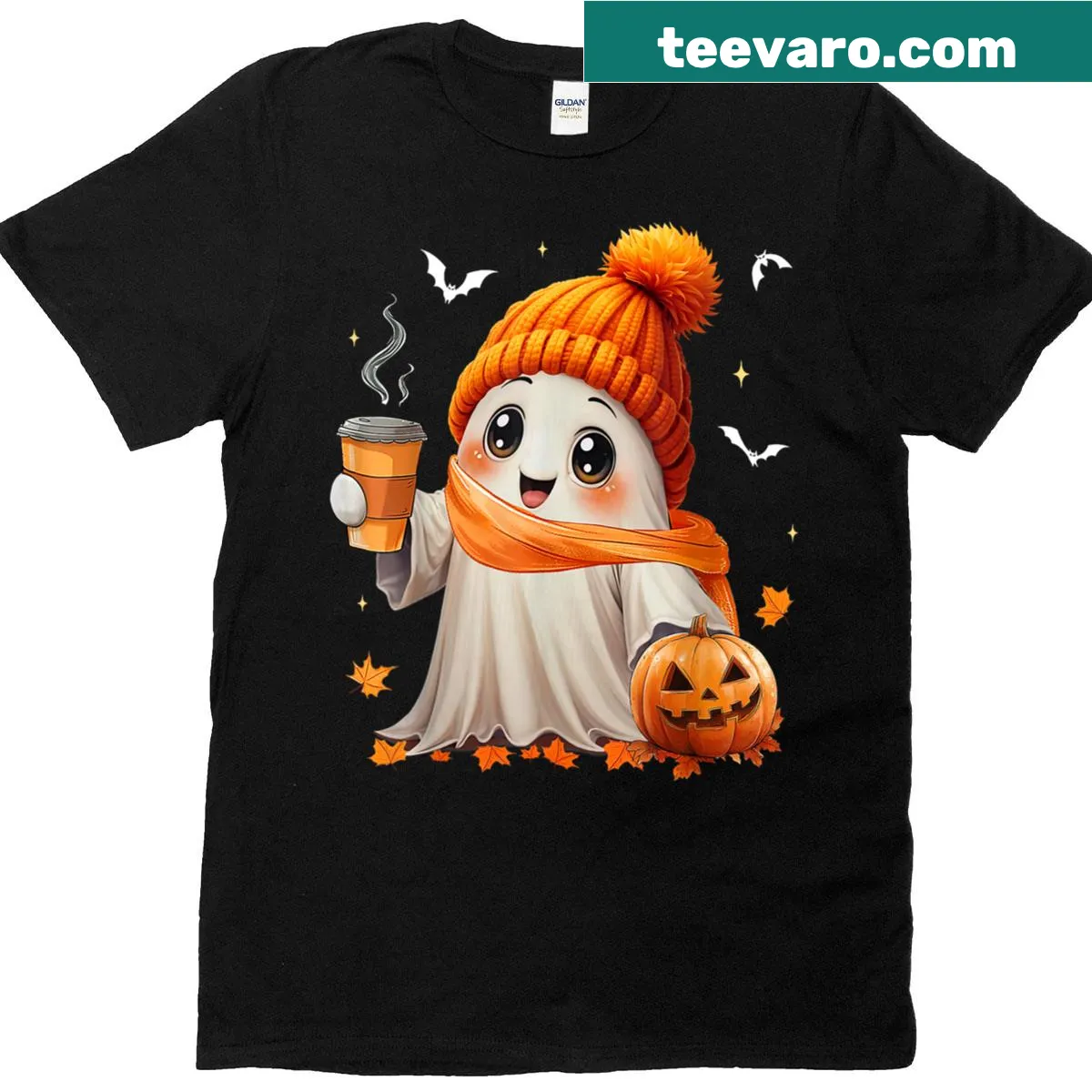 Cute ghost with a coffee cup for Halloween design. — on a men's t-shirt