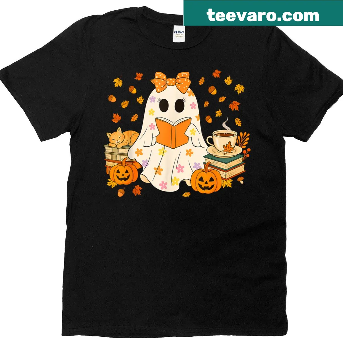Cute ghost reading a book graphic for Halloween lovers — on a men's t-shirt
