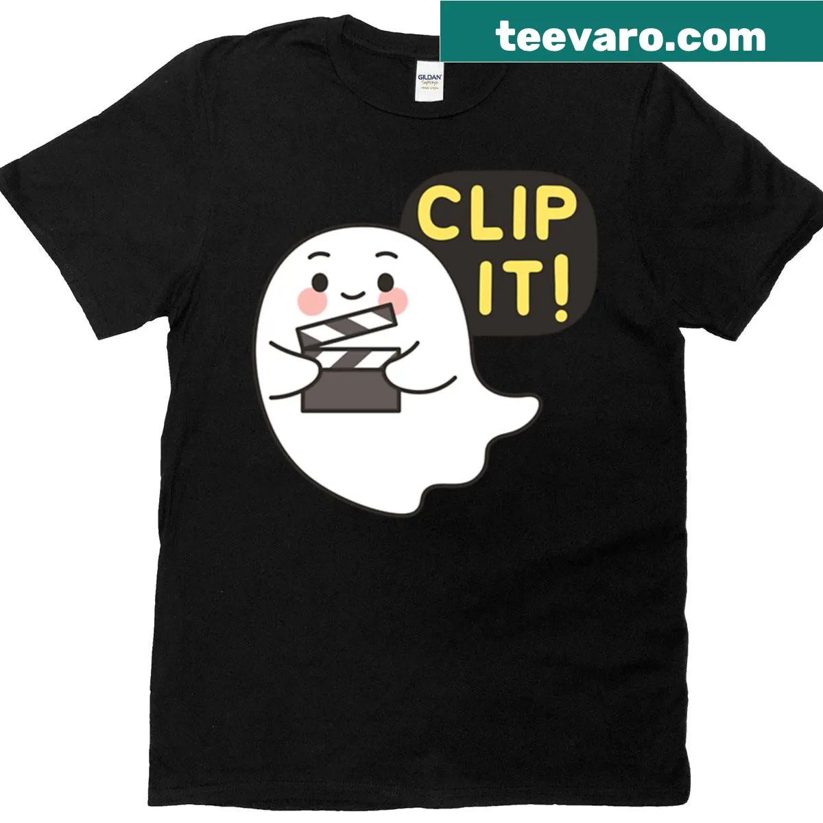 Cute ghost sticker design with 'Clip It' text on T-shirt — on a men's t-shirt