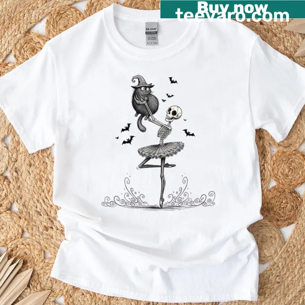 Cute Halloween cat in witch hat and ballet pose on a t-shirt