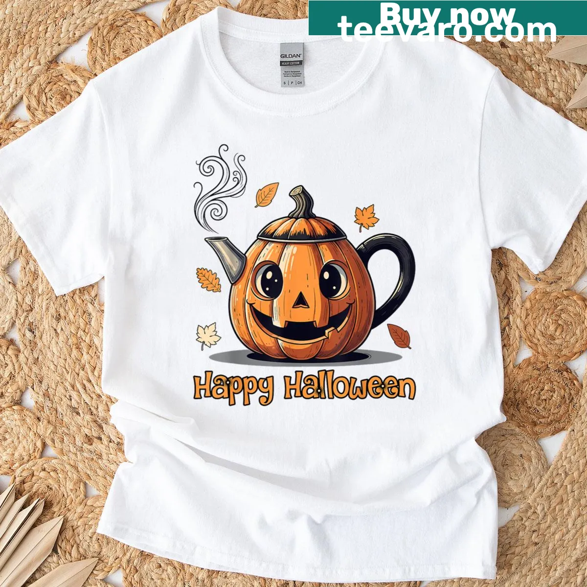 Adorable pumpkin coffee mug graphic t-shirt for Halloween — on a men's t-shirt