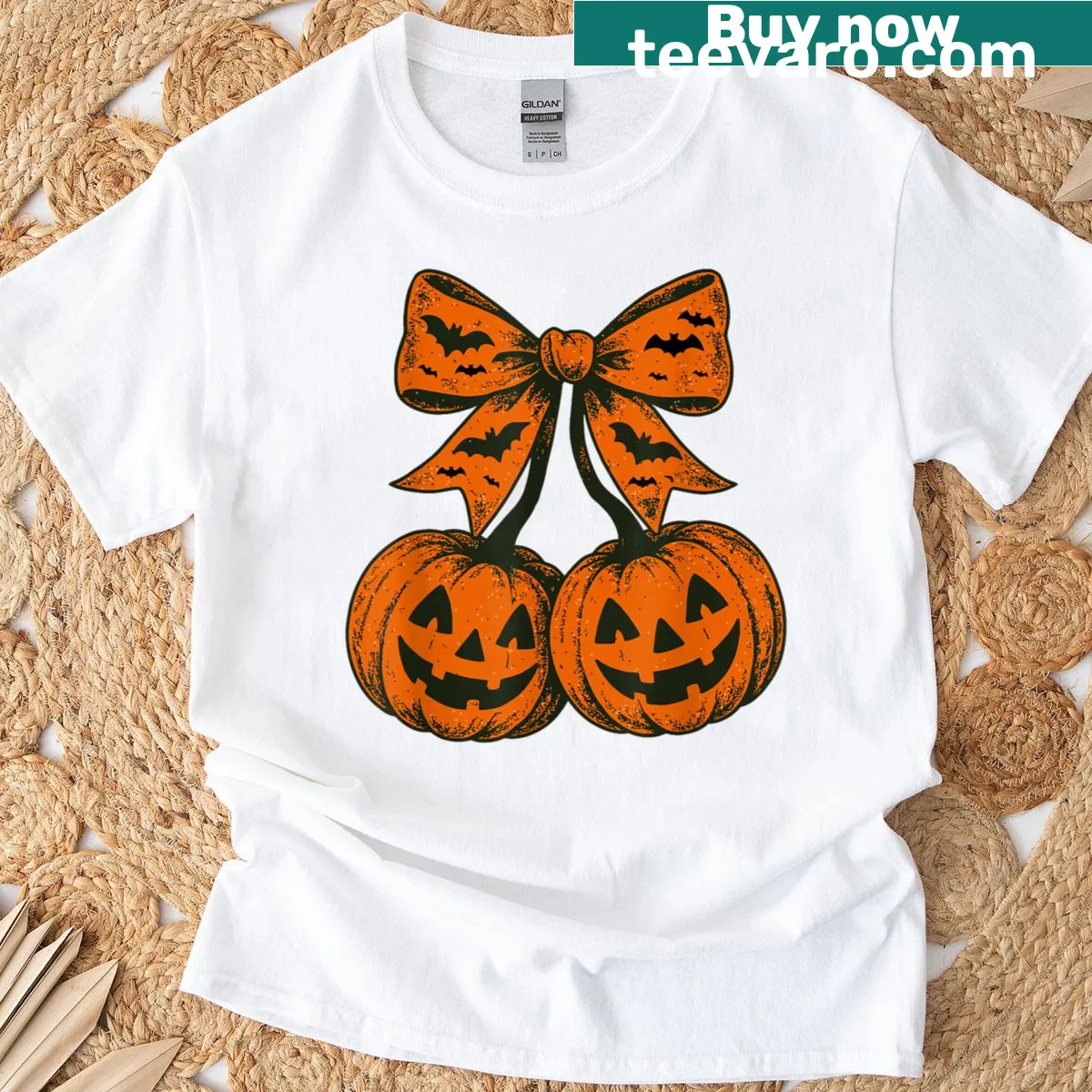 Charming Halloween t-shirt with pumpkins, bats, and a bow — on a men's t-shirt