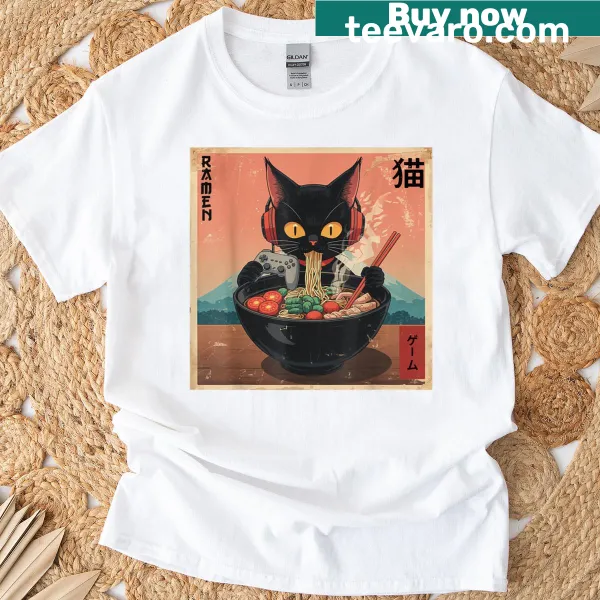 Kawaii cat gaming t-shirt with a funny ramen design