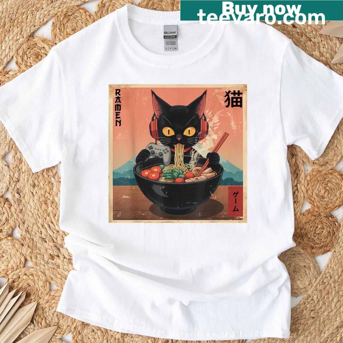 Kawaii cat gaming t-shirt with a funny ramen design — on a men's t-shirt
