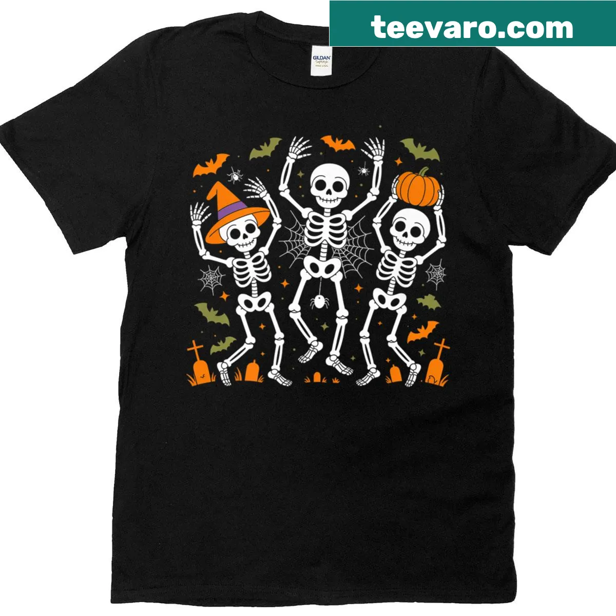 Cute dancing skeletons graphic for Halloween celebrations — on a men's t-shirt