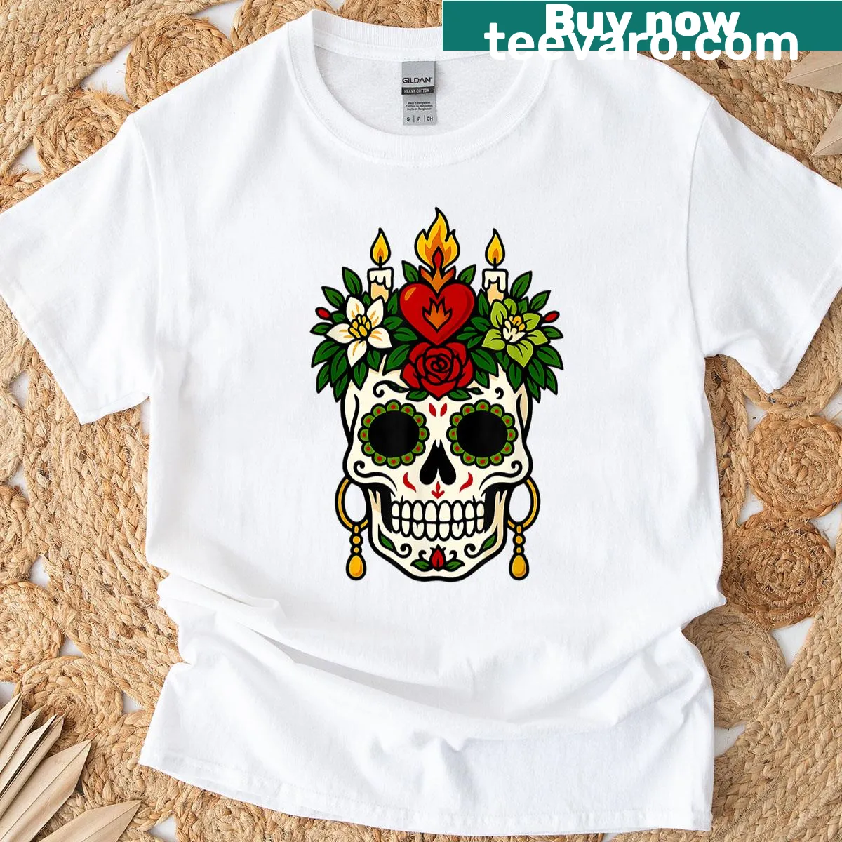 Sugar skull and floral design for Halloween and Dia de Muertos — on a men's t-shirt