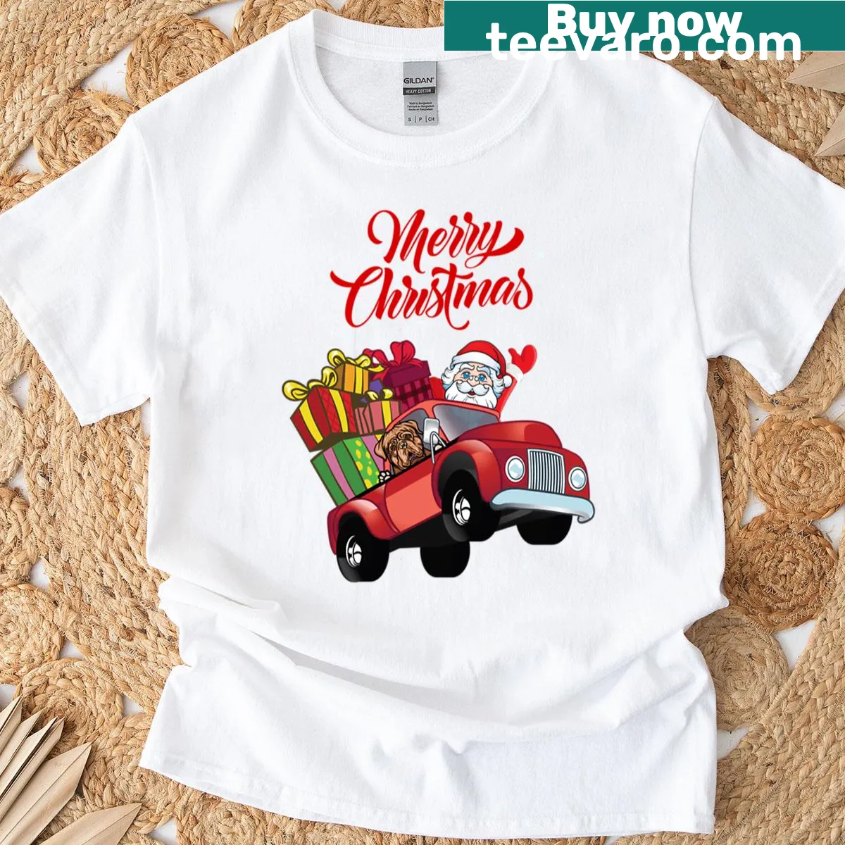 Illustration of Dogue De Bordeaux with Santa in red truck — on a men's t-shirt