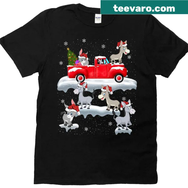 Cute donkey driving a red truck with a Christmas tree design