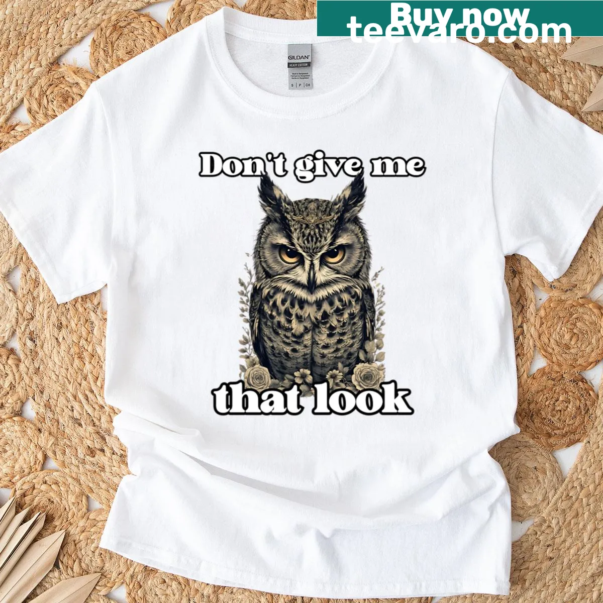 Owl graphic t-shirt with witty text — on a men's t-shirt